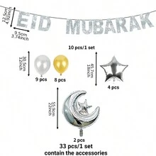 kumozawa 33pcs Mubarak Decoration Banner Set, Gold-Color Moon & Star Shaped Balloons, Party Supplies - Silver - View 4