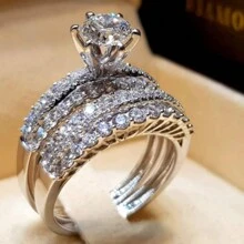 2 cái/bộ Đúng mốt Và Sang trọng Màu bạc Nhẫn hợp kim Bộ Với Pha lê Đồ trang trí , Thích hợp Đối với Mặc hàng ngày Và Nhẫn đính hôn Đối với Quý cô - Bạc - Xem 7