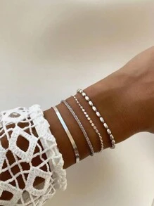 4pcs Fashionable Stainless Steel Multi-Layer Chain Bracelet Set For Women, Daily Wear & Festival Gift