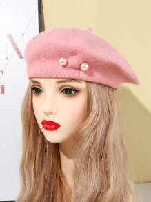 Faux Pearl Decor Classic French Beret Hat, Suitable For Daily Wear Vintage - Pink - View 15