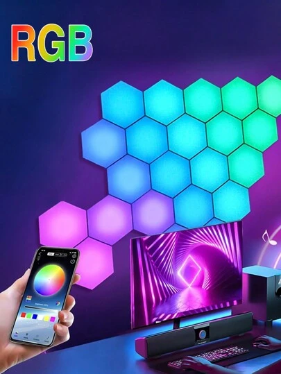 RGB Smart Hexagonal Wall Lamp, Remote Controlled Color Changing Night Light With DYI Shape, Music Rhythm, APP Control, Suitable For Living Room, Game Room, Bedroom, Computer Desktop, Decorative, ESports Intelligent Sound Collecting Ambient Light