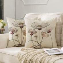 2pcs (Pillow Core Not Included) Modern Beautiful Flower Printed Linen Square Pillowcase For Sofa, Bed, Home Decor