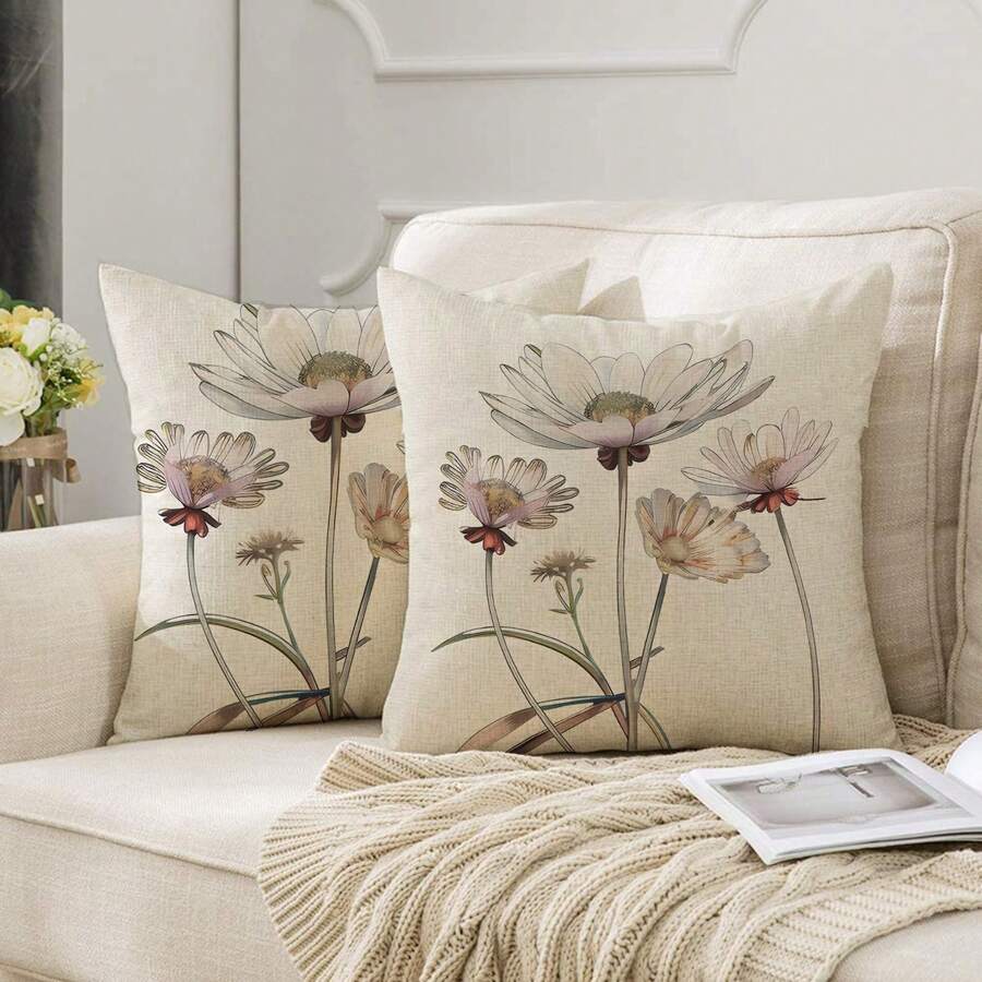 2pcs (Pillow Core Not Included) Modern Beautiful Flower Printed Linen Square Pillowcase For Sofa, Bed, Home Decor