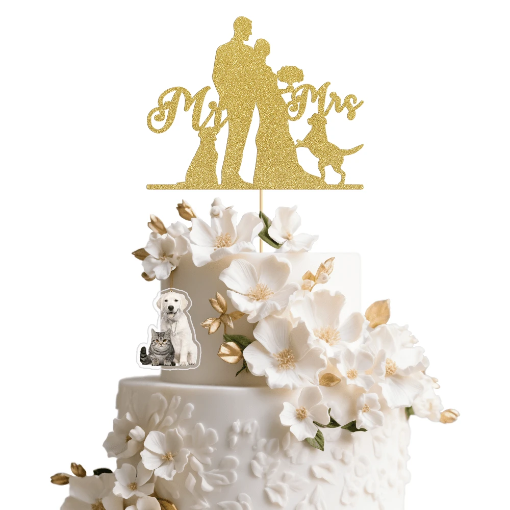 Lễ cưới Đồ trang trí Bánh Cô dâu & Chải ngựa Với 2 Chó Trang trí bánh kem - Vàng - Xem 1