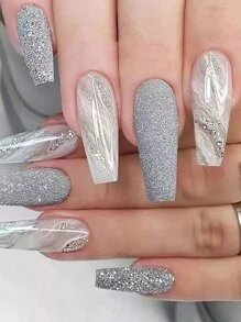 24pcs Long Coffin Shape Marble Texture Glitter 3d Press On Nails Set For Party, Dance, And Daily Wear Nail Supplies - Grey - View 1