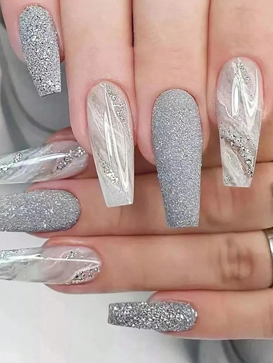 24pcs Long Coffin Shape Marble Texture Glitter 3d Press On Nails Set For Party, Dance, And Daily Wear Nail Supplies - Grey - View 1
