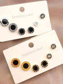 6pcs/Set Stainless Steel Small Round Earrings Embedded With Roman Numerals & Rhinestone, Suitable For Daily Wear