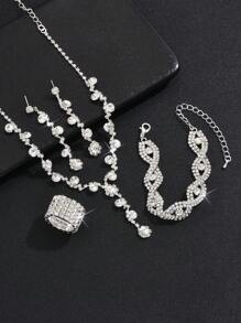 2025 Fashionable Crystal Necklace, Earrings, Bracelet, Ring 4-Piece Jewelry Set, Versatile Bridal Accessories - Silver - View 3