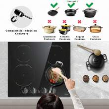 Induction Hob Black Glass Electric Cooktop Built-In 4 Zone Electric Hob With Knob 60cm, 7200W, Hard Wire, No Plug Included - Black - View 4