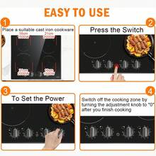 Induction Hob Black Glass Electric Cooktop Built-In 4 Zone Electric Hob With Knob 60cm, 7200W, Hard Wire, No Plug Included - Black - View 6