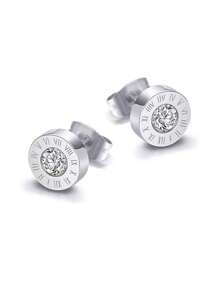 6pcs/Set Stainless Steel Small Round Earrings Embedded With Roman Numerals & Rhinestone, Suitable For Daily Wear