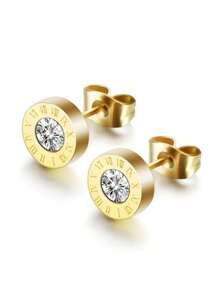 6pcs/Set Stainless Steel Small Round Earrings Embedded With Roman Numerals & Rhinestone, Suitable For Daily Wear