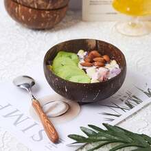 1隻隨機天然椰子碗,適用於酸奶、麥片、沙拉、甜點等家居使用,不帶勺的天然木碗,來自海南的舊式復古椰子殼色拉碗 - 棕色 - 查看 4