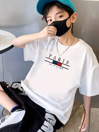 Tween Boy Casual Short Sleeve T-Shirt With Letter Print And Round Neck For Summer