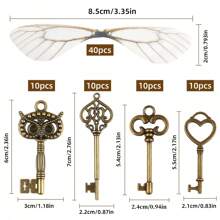 40入組復古骷髏風琴鍵,附40對蜻蜓翅膀,用於diy生日派對萬聖節裝飾 - 銅色 - 查看 2