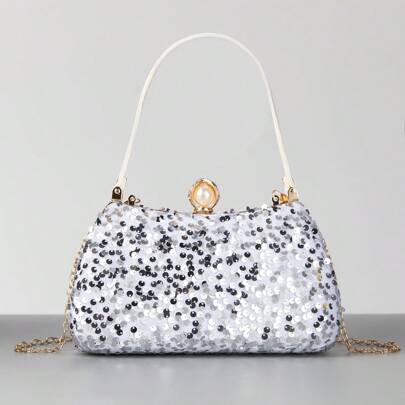 Elegant Sequin & Bead Embellished Box-Shaped Evening Clutch Bag, Wedding Party Purse
