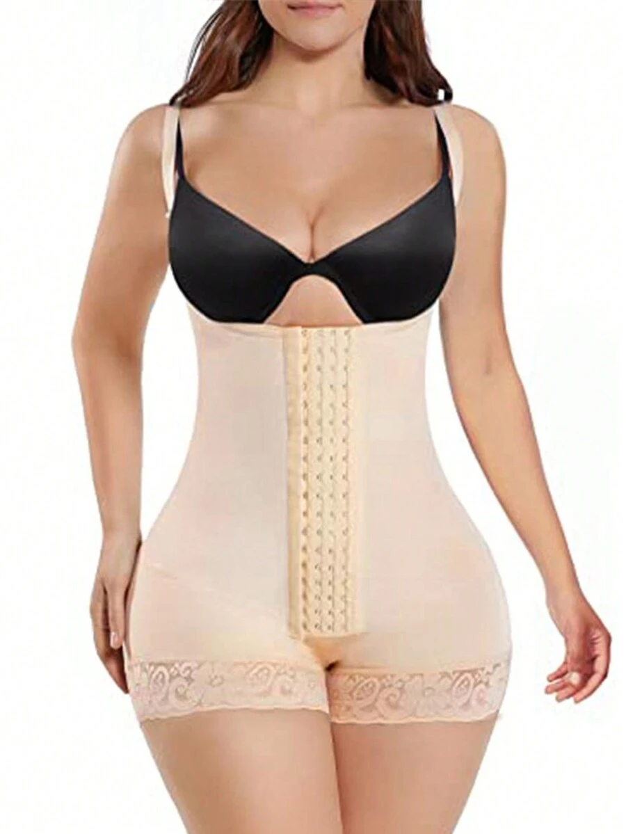 1pc Compressing Full Shapewear Bodysuit Plus Size High Waist Body Shaper Tummy Control Faja Shorts Waist Trainer Girdle - Apricot - View 1