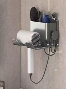New Plastic Hair Dryer Storage Rack Wall-Mounted Bathroom Hair Dryer Holder Stand With Compartments, No Drilling Needed Organizer Storage Shelf For Bathroom - Grey - View 1