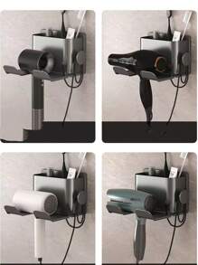 New Plastic Hair Dryer Storage Rack Wall-Mounted Bathroom Hair Dryer Holder Stand With Compartments, No Drilling Needed Organizer Storage Shelf For Bathroom - Grey - View 4