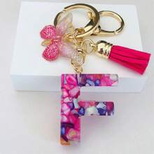 1pc Women's Initial Keychain With Pink Resin Letter, Rhinestone & Butterfly Pendant For Bag/Purse Boho - Hot Pink - View 23
