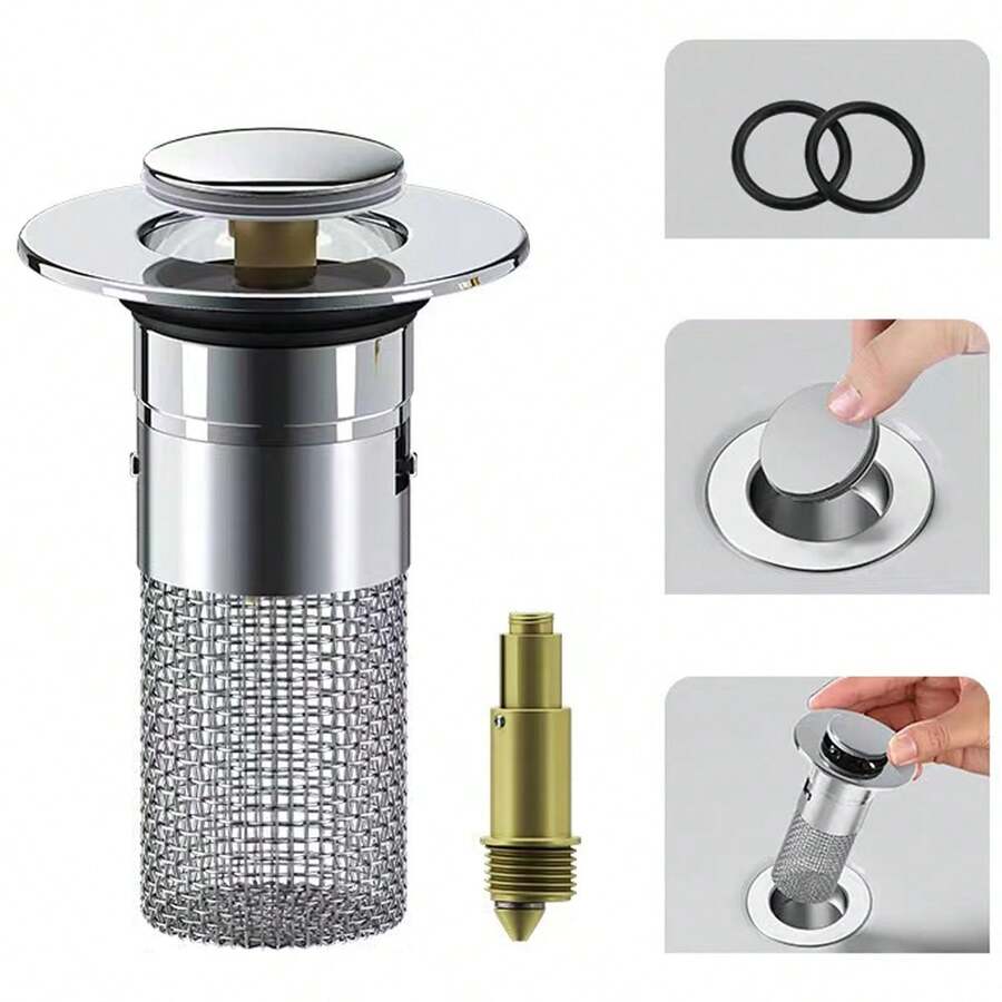Tapón de sumidero para lavamanos, 1 pieza / 2 piezas / 4 piezas tapones de drenaje para lavabo, tipo emergente con filtro anti-olor y malla para colador - Plateado - Ver 1