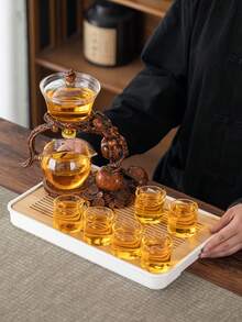 1 套 Slouchy 茶具套装，柿子风格，磁力分水旋转盖碗，茶叶浸泡器，自动玻璃茶壶配 6 个茶杯，功夫茶具，茶盘，茶罐，适用于家庭客厅办公室，生日礼物 - 多色 - 查看 4