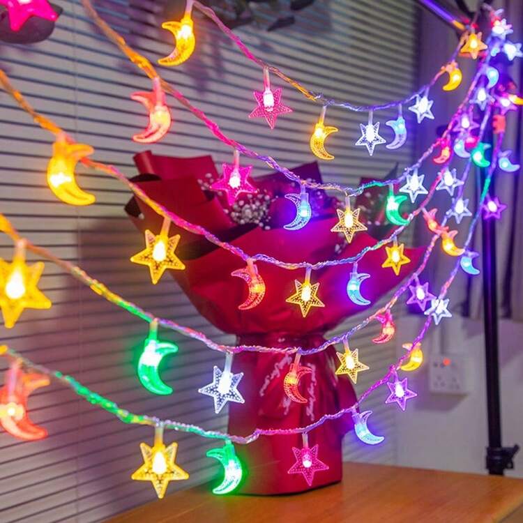 3 Meters/20 Lights & 10m/60 Lights Colorful Warm White Moon & Star String Lights, AA Battery Powered Outdoor Decor Lights (Batteries Not Included), Dimmable - Color - View 1