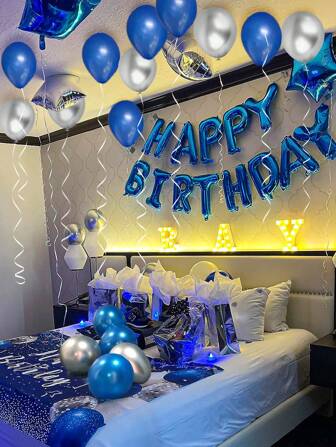 37pcs/Set American Style Blue Happy Birthday Aluminum Foil Balloons Set, Including Blue & Silver Star Balloons, For Birthday Party, Family Party Background Decoration, Back To School Valentine Day