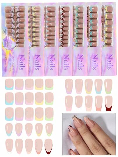 150入組含5種顏色的假指甲套裝（法式正方形、尖頭、橢圓形、棺材形），可戴可拆式假指甲，用於指甲美容和美甲，不會留下痕跡的貼式指甲用品