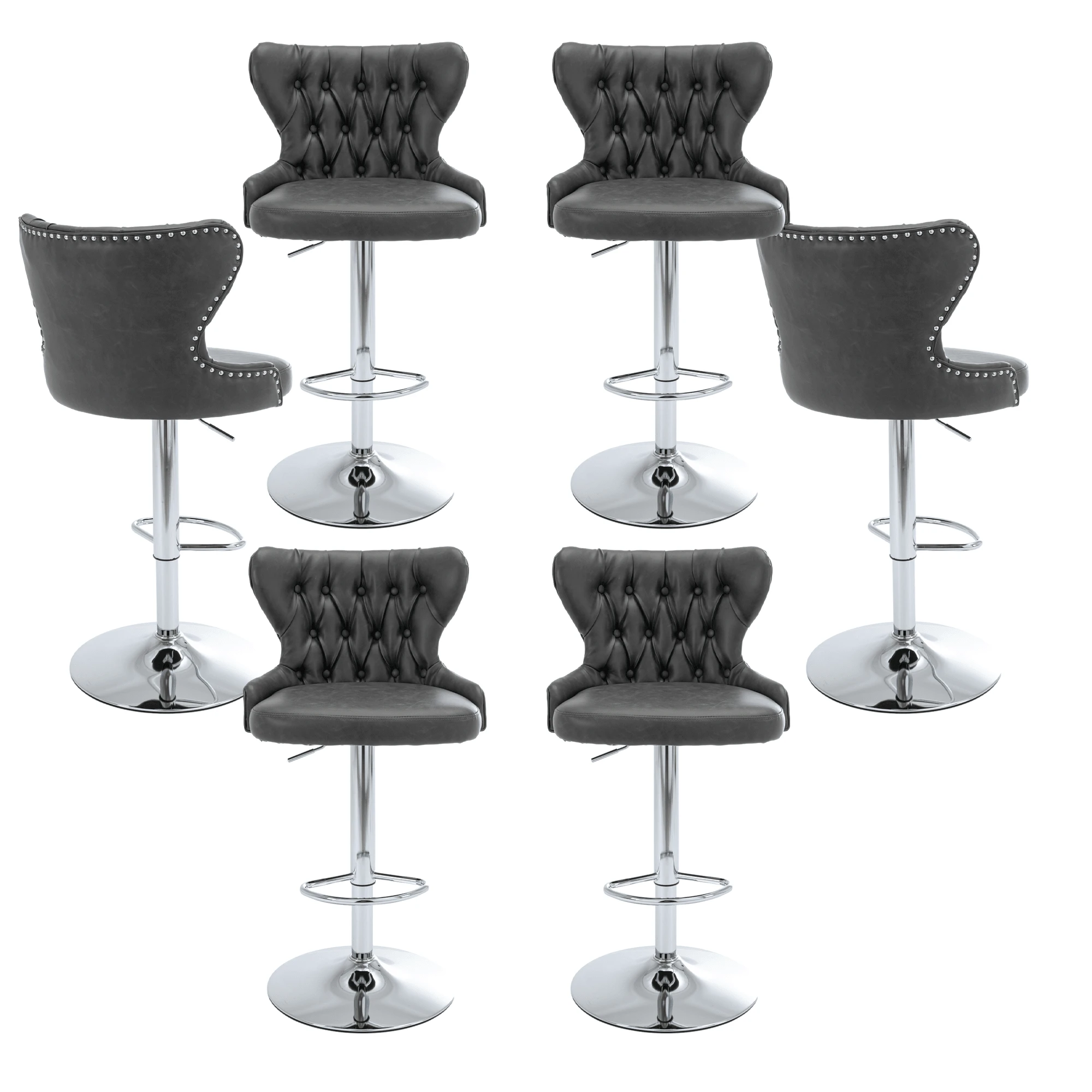 25-33 Inch PU Leather Bar Stools, Counter Height Adjustable Swivel Barstools High Bar Chairs With Back & Metal Base, Stools Chair With Footrest For Home Kitchen Island, Pub(Beige, Set Of 6)