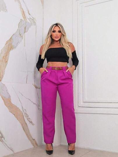 Calça Feminina Alfaiataria Social Cintura Alta Com Cinto Removível