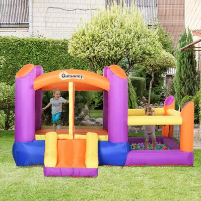 Outsunny Castello Gonfiabile per Bambini da Giardino, Parco Acquatico Gionfiabile con Scivolo, Trampolino e Piscina, Multicolor, 280x 250x170cm