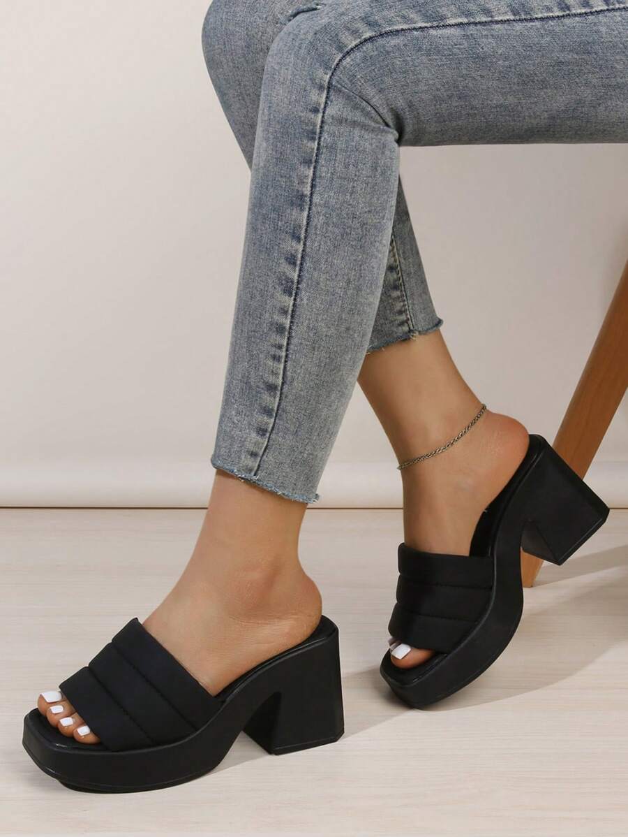 女士黑色厚底凉鞋，系带夏季新款粗跟高跟鞋 - 黑色 - 查看 1