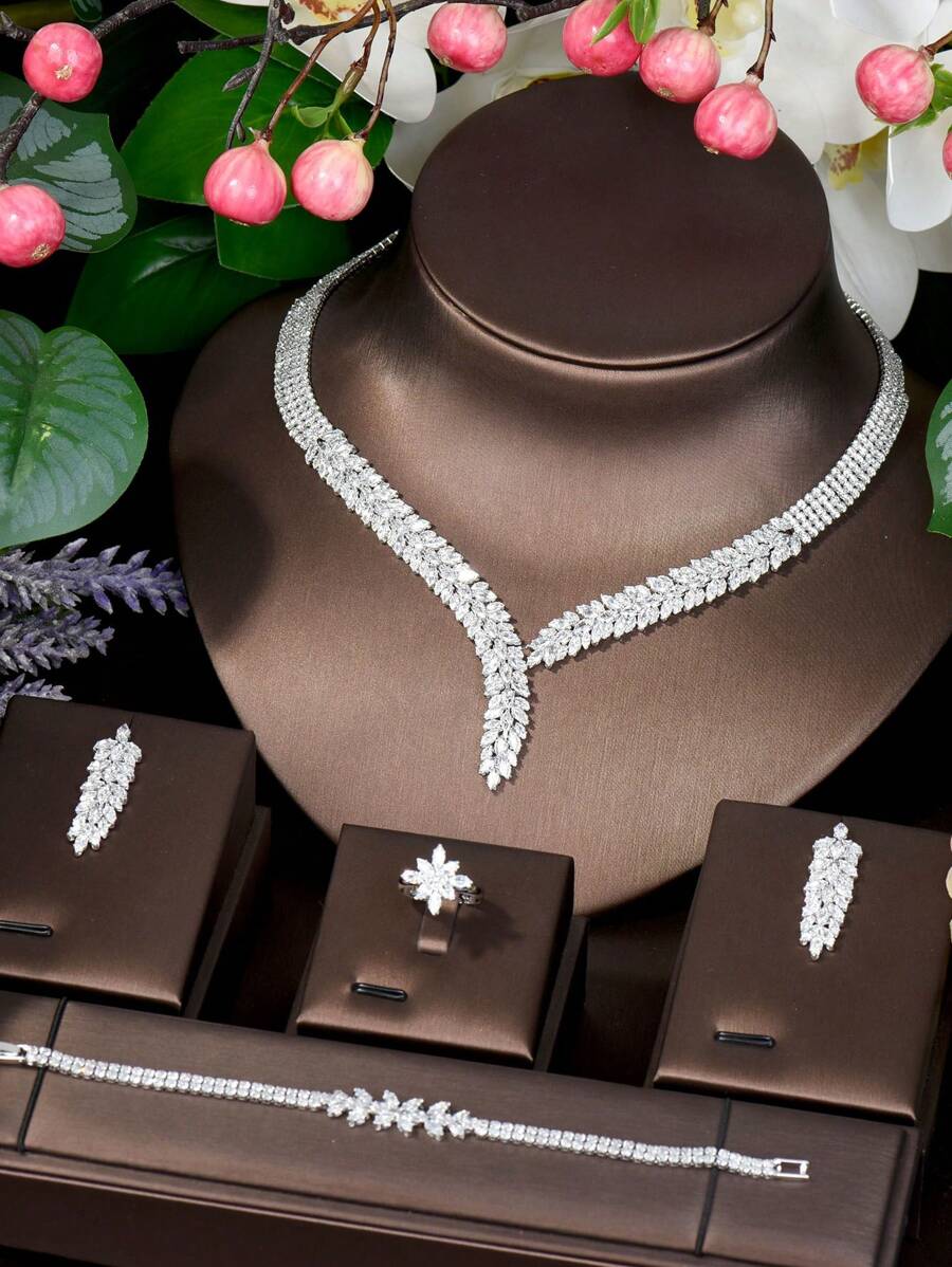 1 Pieza Juego De Joyas Con Forma De Hoja De Sauce De Circonita Cúbica Elegante, Adecuados Para Compromiso Y Boda - Plateado - Ver 1
