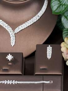 1 Pieza Juego De Joyas Con Forma De Hoja De Sauce De Circonita Cúbica Elegante, Adecuados Para Compromiso Y Boda - Plateado - Ver 3