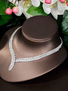 1 Pieza Juego De Joyas Con Forma De Hoja De Sauce De Circonita Cúbica Elegante, Adecuados Para Compromiso Y Boda - Plateado - Ver 4