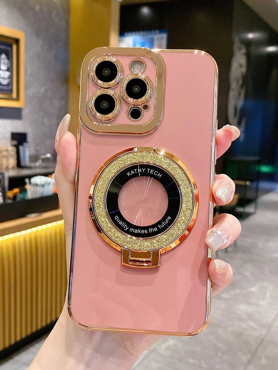 1入金鍍實色加厚防跌高端時尚奢華手機殼，帶環扣，磁吸功能，軟質套，適用於蘋果手機 - 粉色 - 查看 1