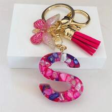 1pc Women's Initial Keychain With Pink Resin Letter, Rhinestone & Butterfly Pendant For Bag/Purse Boho - Hot Pink - View 18