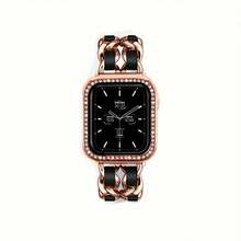 2合1智能手錶帶+閃閃發光保護殼，適用於 Apple Watch 40mm、41mm、44mm、45mm，適用於系列Se、9、7、8、3、4、5、6，適用於女孩和女士 - 金黑 - 查看 6