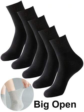 5 par damstrumpor med bred mun, dubbelstickning, mittstubb, passar personer med tjocka vader, höst