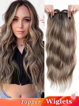 女士用20英寸長波浪卷發髮片,淺啡色帶深色頭皮,夾式合成髮補假髮頭