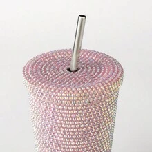1pc 500ml Rhinestone Inlaid Stainless Steel Insulated Cup With Straw, Double-Layer Vacuum Water Bottle, Creative Handmade Portable Cup With Bling Suitable For Car, Office, Home, Gifts