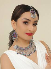 4pcs/Set Women's Exquisite And Gorgeous Clothing Accessories, Perfect For Travel, Photography Jewelry Set (Necklace, Earrings, Headband) - Multicolor - View 1