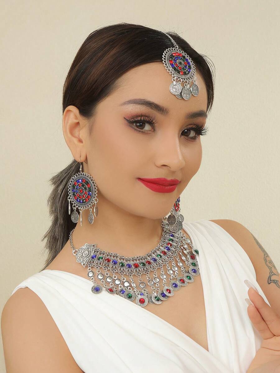 4pcs/Set Women's Exquisite And Gorgeous Clothing Accessories, Perfect For Travel, Photography Jewelry Set (Necklace, Earrings, Headband) - Multicolor - View 1