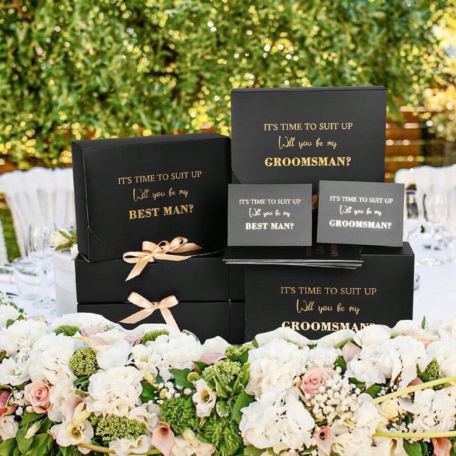 Elegant Groomsmen Boxes - Set Of 8, 10.6x7.9x3.1 Inch Groomsman Gift Boxes With Card And Ribbon, Perfect For Groomsmen Proposal - Black - View 1