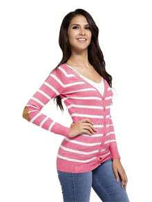 Suéter para Mujer con Botones Cuellos V con Parches de Piel Cómodo y Acogedor - Rosa Fucsia - Ver 2