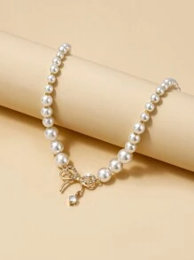 1 chiếc vòng cổ hợp kim đính pha lê nơ và ngọc trai giả trang trí đa năng, cổ điển và phổ biến - trắng - Xem 2