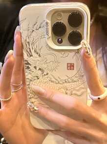 1入組墨水風格黑白龍印花防摔亞克力手機殼，適用於iPhone 14 - 彩色 - 查看 3