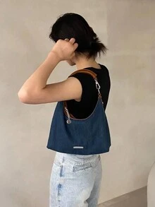 1pc Fashionable Vintage Style Denim & Color Block Shoulder Bag Y2k Women's Bag, Perfect For Music Festival