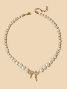 1 chiếc vòng cổ hợp kim đính pha lê nơ và ngọc trai giả trang trí đa năng, cổ điển và phổ biến - trắng - Xem 3